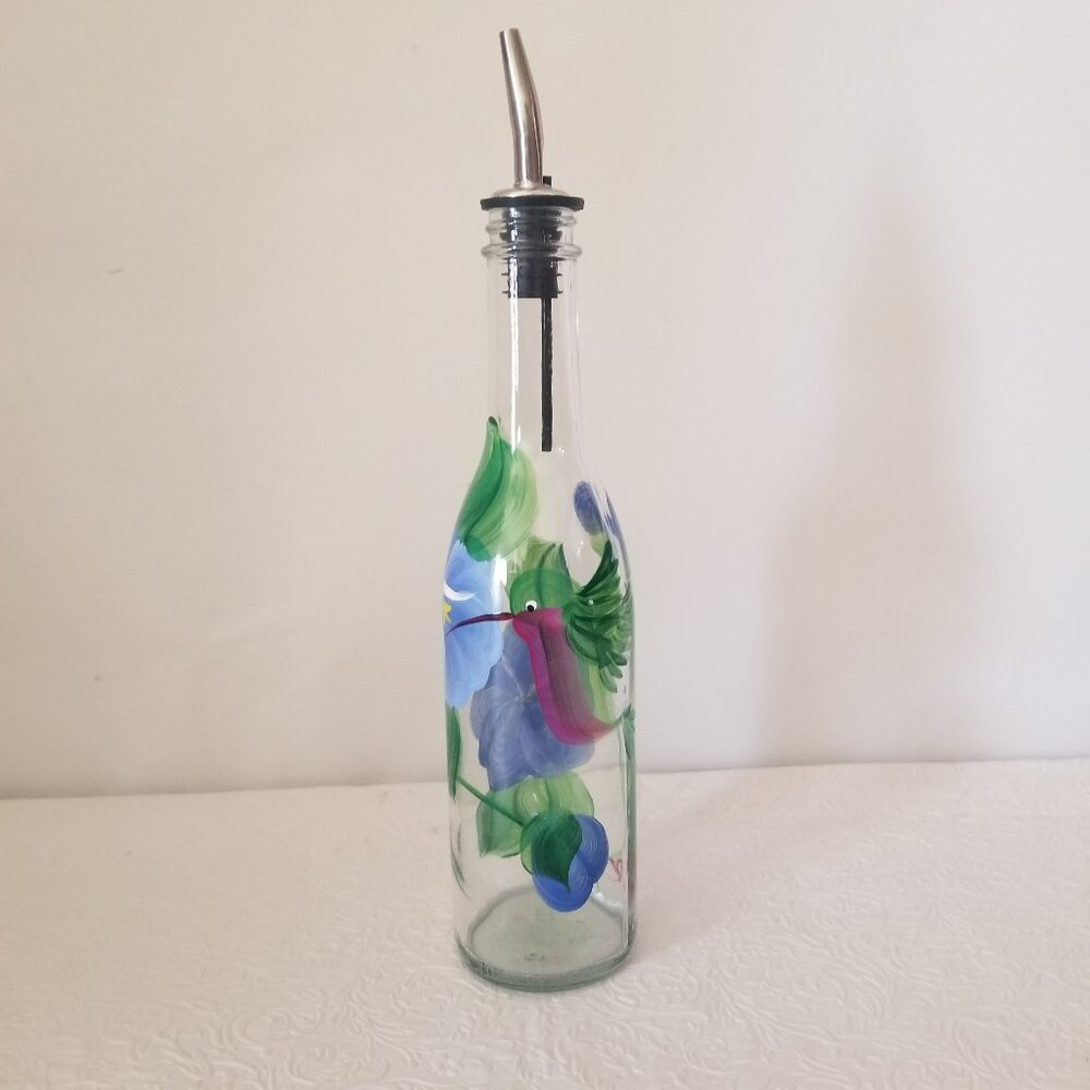 Vtg 9" Hand Painted Floral Hummingbird Clear Glass Olive Oil Dispenser 12.7 oz